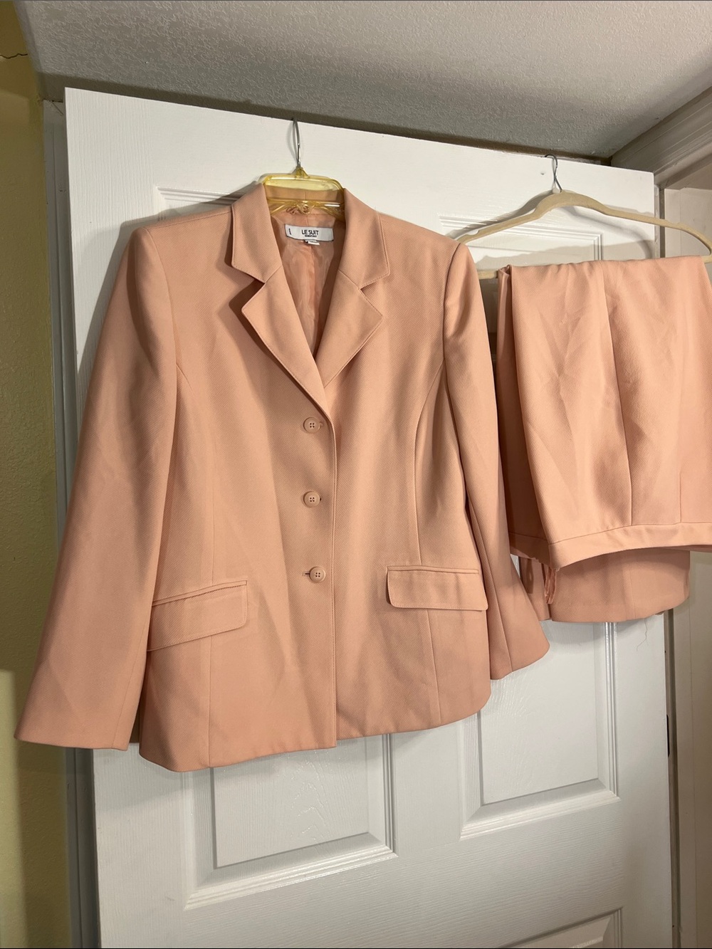 Le Suit Peachy Blazer and Matching Skirt Set